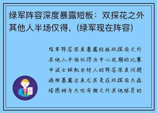 绿军阵容深度暴露短板：双探花之外其他人半场仅得，(绿军现在阵容)